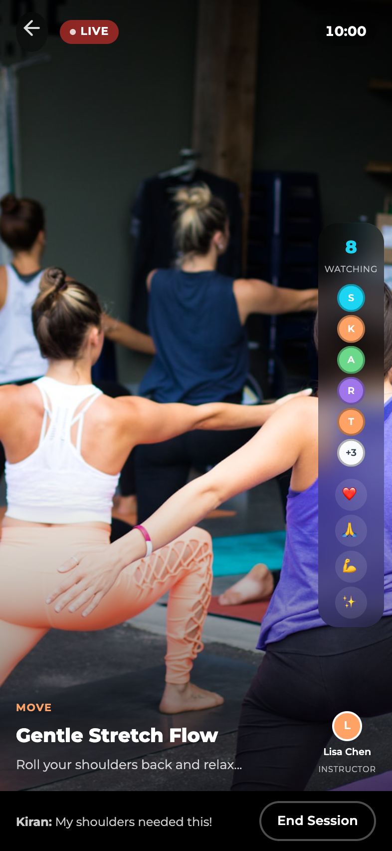 JUST10 live movement session screen